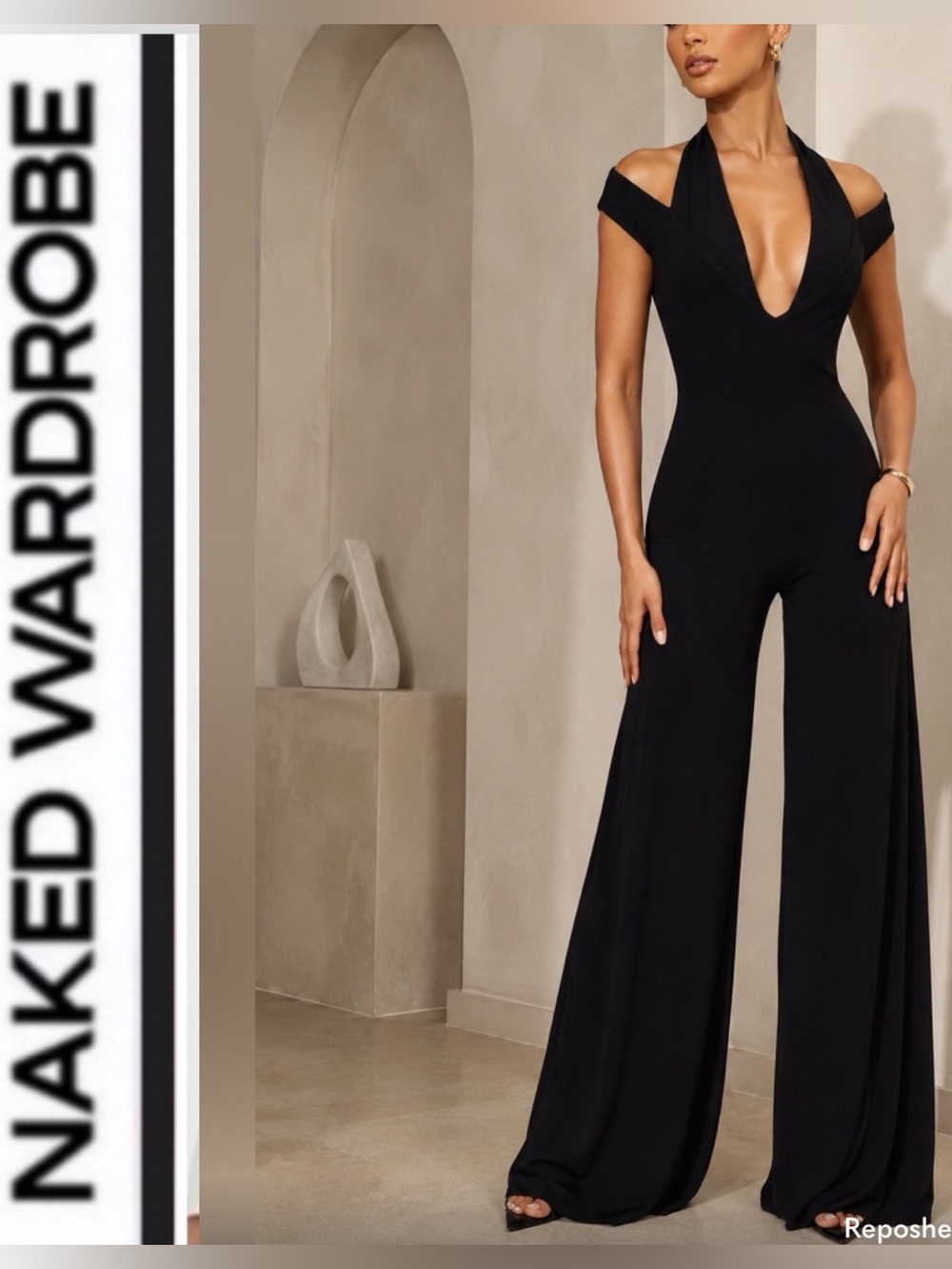 Naked Wardrobe 🖤 Black Halter Cold-Shoulder Jumpsuit
